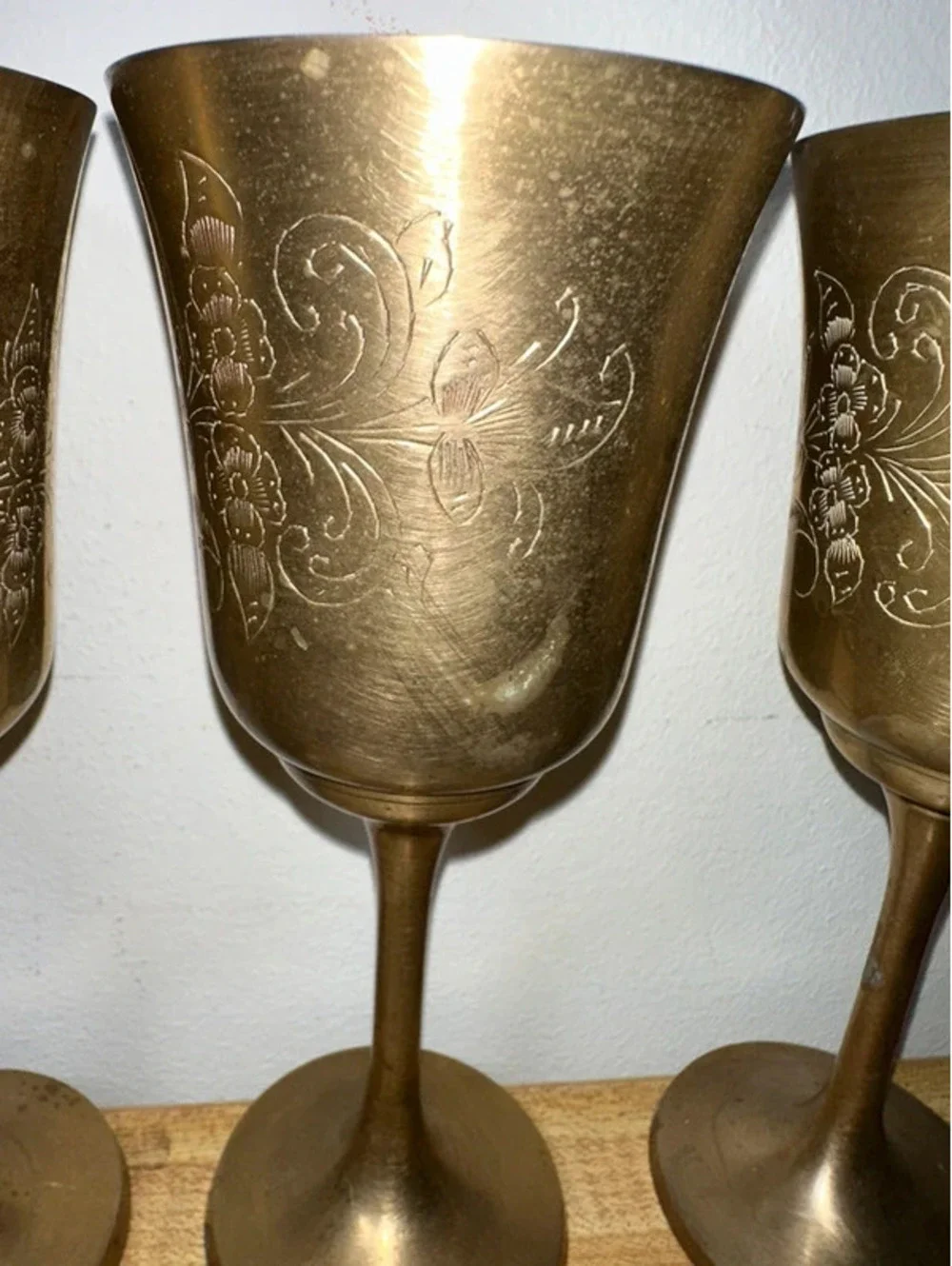 Vintage Etched Brass Wine Goblets/Chalices Set of 4